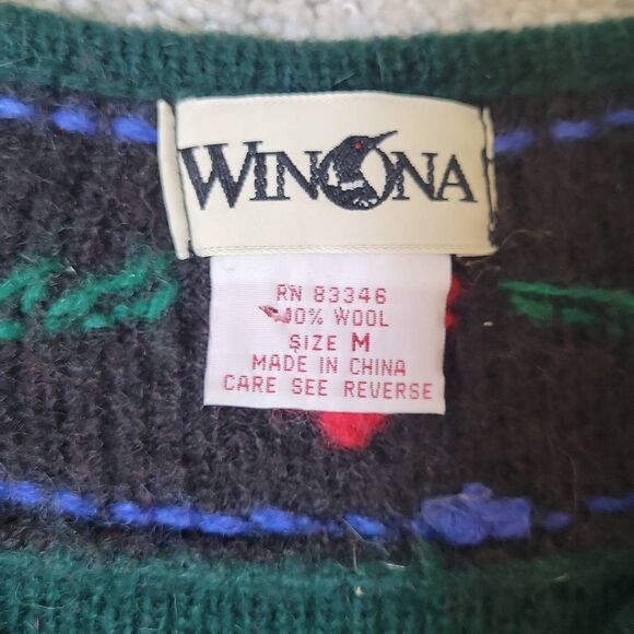 VINTAGE WINONA HAND EMBROIDERED WOOL CARDIGAN SIZE M GREEN RED - Picture 3 of 6